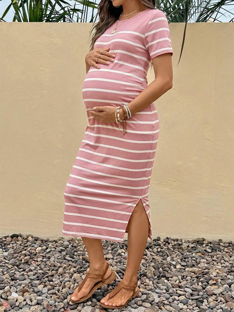 Maternity Striped Crew Neck Short Sleeve Midi Dress Casual Side Split Bodycon Dress for Summer and Evening Wear