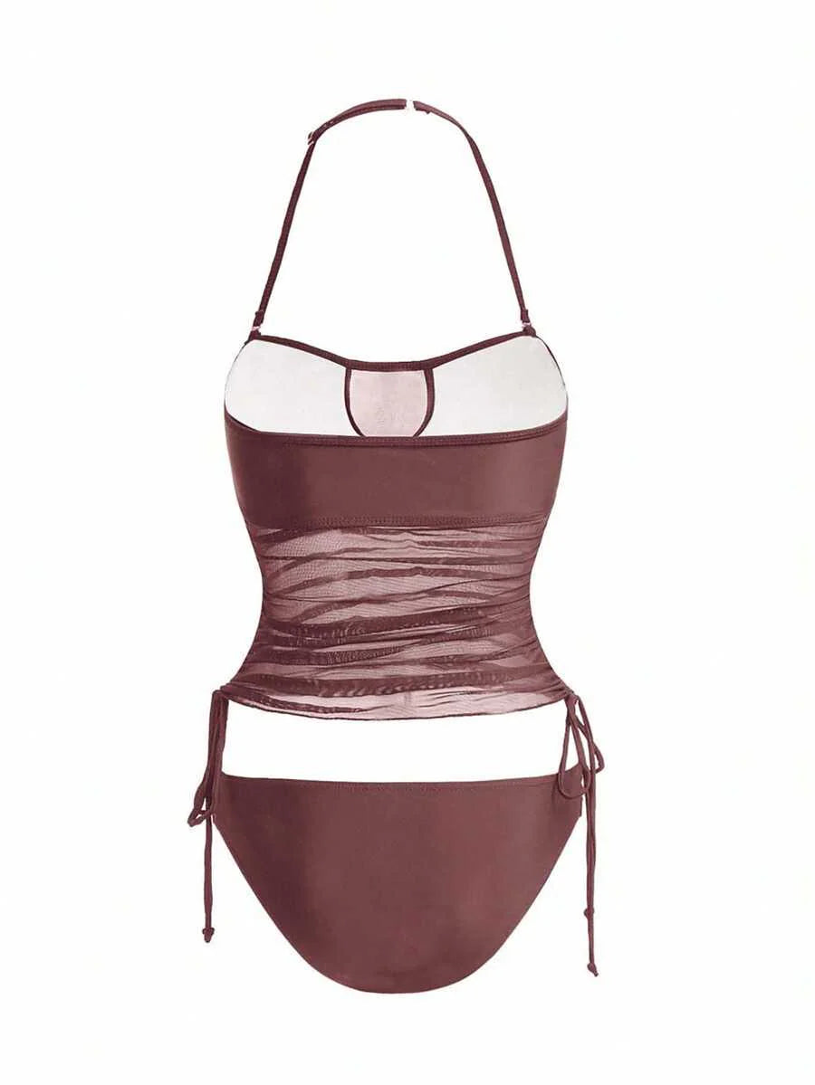 Women's 2-Piece Tankini Set - Detachable Strap Bandeau, Contrast Mesh, Navy Blue