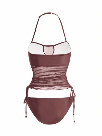 Women's 2-Piece Tankini Set - Detachable Strap Bandeau, Contrast Mesh, Navy Blue