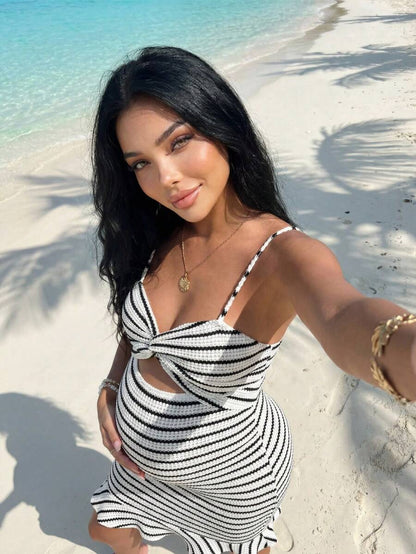 Maternity Vacation Casual Hot Pink Striped Twist Hollow Out Fitted Camisole Dress for Beach and Summer