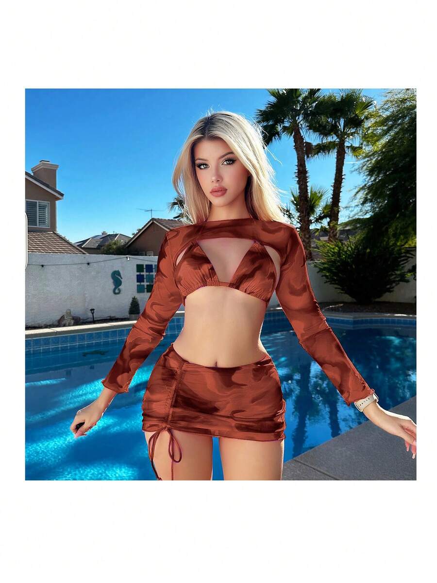Women's Tie Dye Bikini Set - Drawstring Halter, High Waist, Long Sleeve Cover, Multicolor