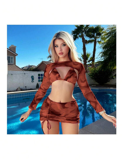 Women's Tie Dye Bikini Set - Drawstring Halter, High Waist, Long Sleeve Cover, Multicolor