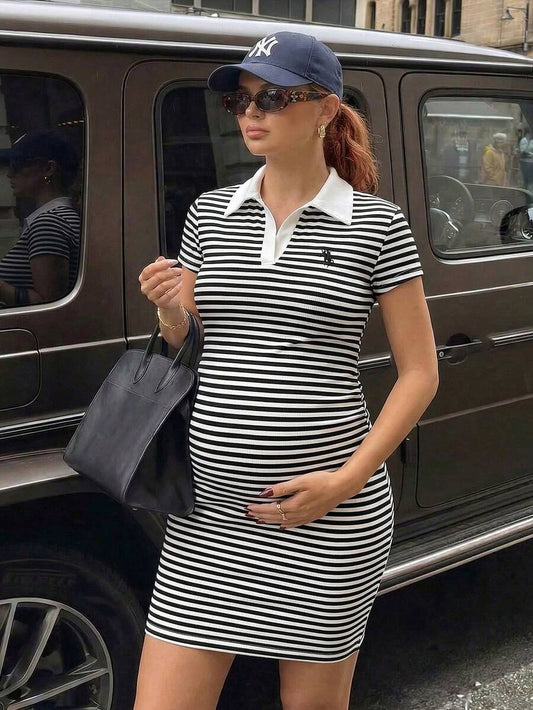 Maternity Striped Knight Embroidery Lapel Cap Sleeve Fitted Bodycon Casual Short Dress