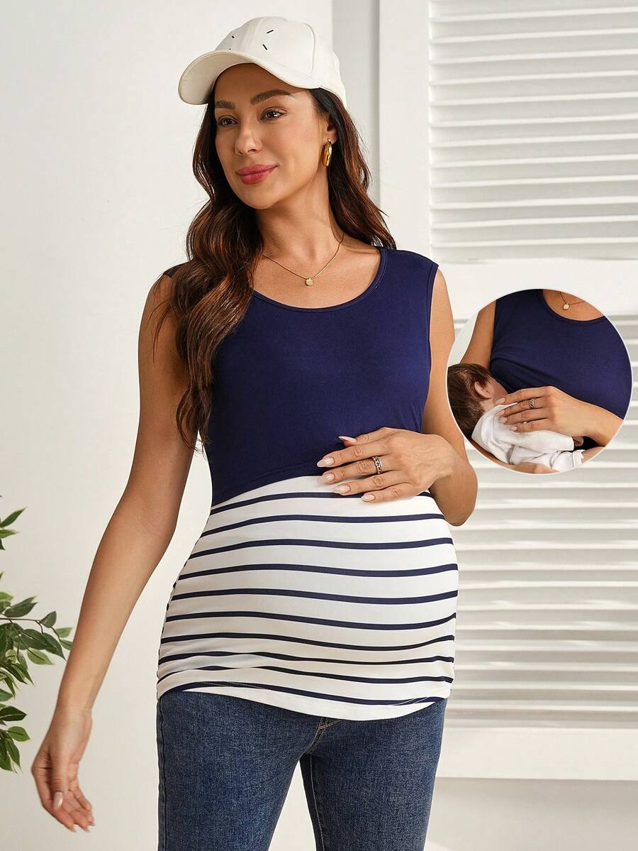 Maternity Striped Contrast Panel Nursing Tank Top - Slim Fit Pregnancy Sleeveless Shirt