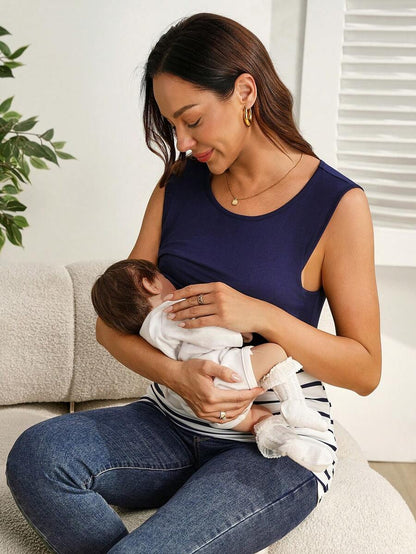 Maternity Striped Contrast Panel Nursing Tank Top - Slim Fit Pregnancy Sleeveless Shirt