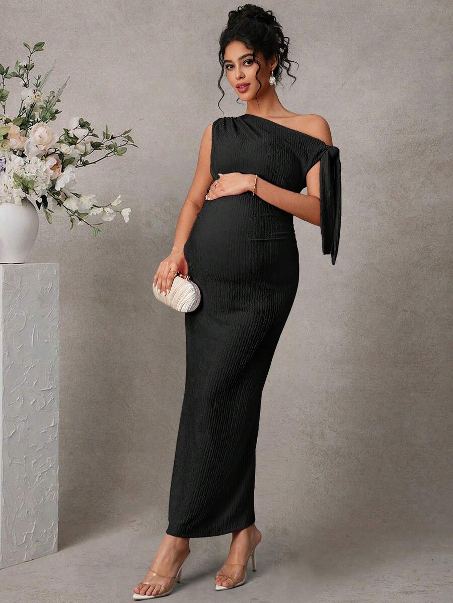 Maternity Fitted Midi Dress - Asymmetrical Neck, Split Sleeve, Jacquard, Slim Fit, Black