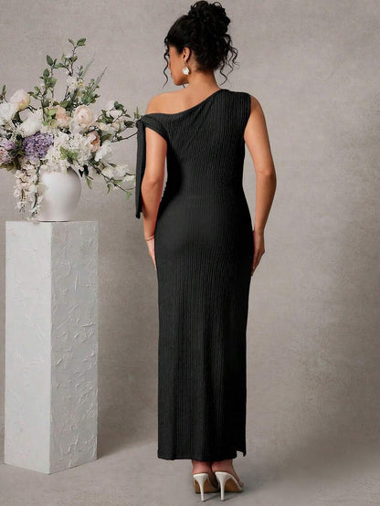Maternity Fitted Midi Dress - Asymmetrical Neck, Split Sleeve, Jacquard, Slim Fit, Black