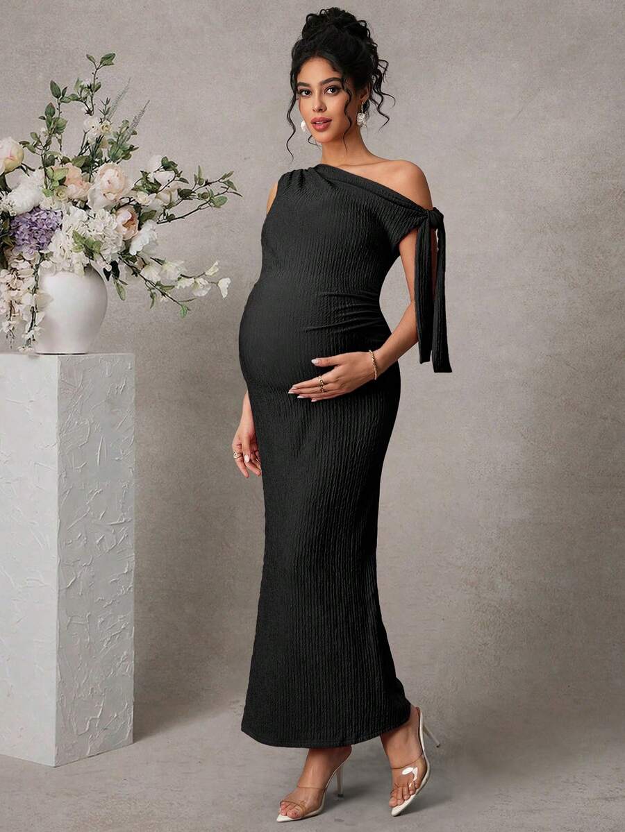 Maternity Fitted Midi Dress - Asymmetrical Neck, Split Sleeve, Jacquard, Slim Fit, Black