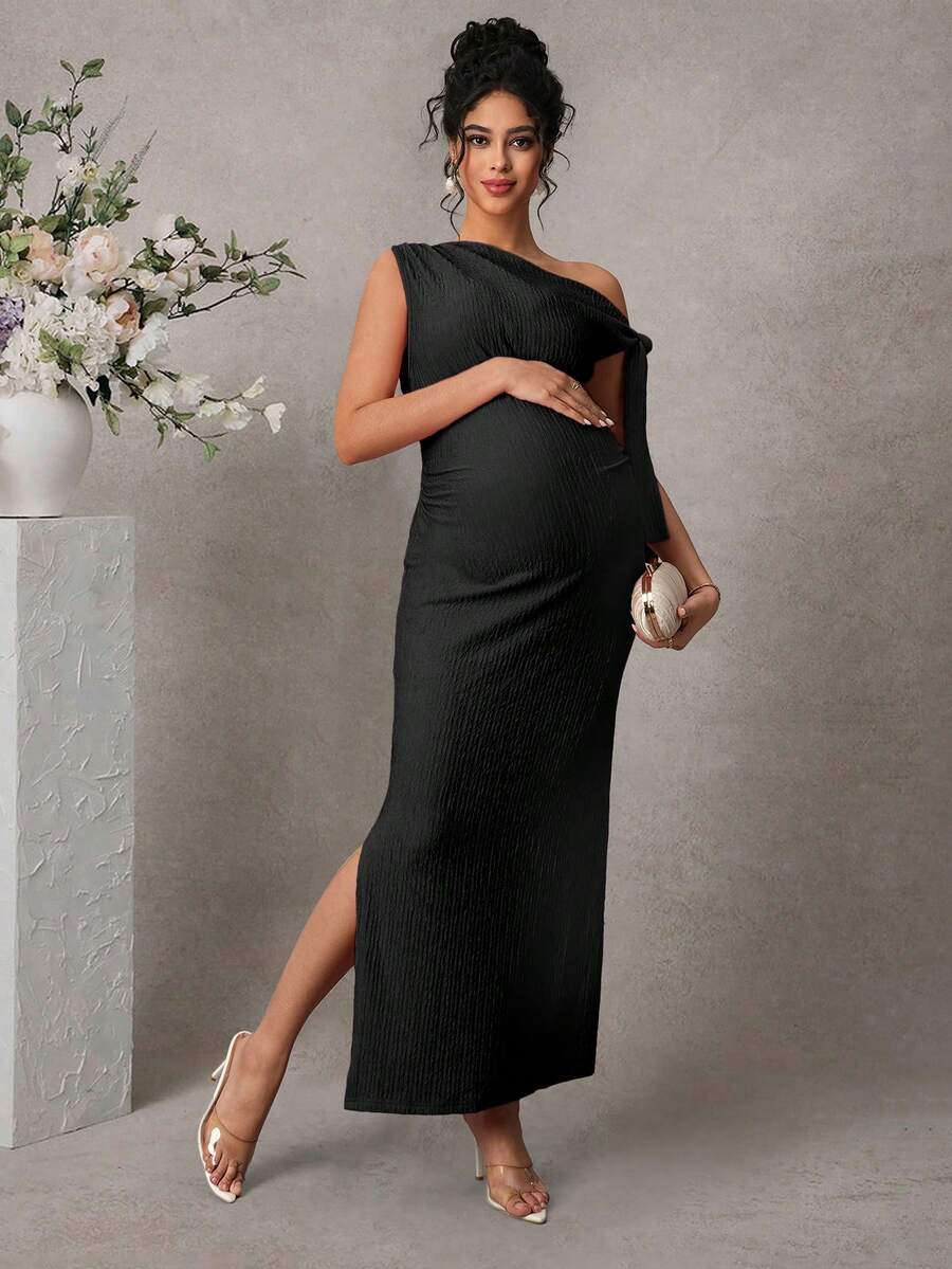 Maternity Fitted Midi Dress - Asymmetrical Neck, Split Sleeve, Jacquard, Slim Fit, Black