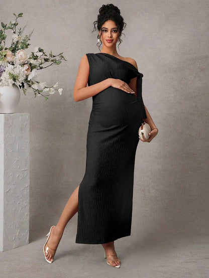 Maternity Fitted Midi Dress - Asymmetrical Neck, Split Sleeve, Jacquard, Slim Fit, Black