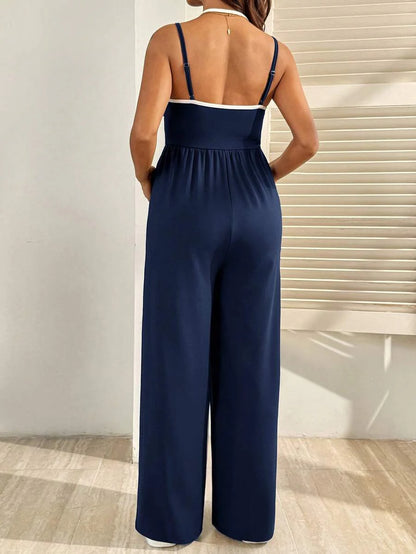 Royal Blue Maternity Wide Leg Jumpsuit – Casual High Waist Spaghetti Strap Unitard with Medium Stretch for Beach & Everyday Wear