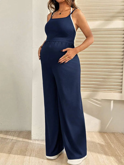 Royal Blue Maternity Wide Leg Jumpsuit – Casual High Waist Spaghetti Strap Unitard with Medium Stretch for Beach & Everyday Wear
