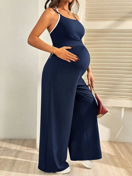 Royal Blue Maternity Wide Leg Jumpsuit – Casual High Waist Spaghetti Strap Unitard with Medium Stretch for Beach & Everyday Wear