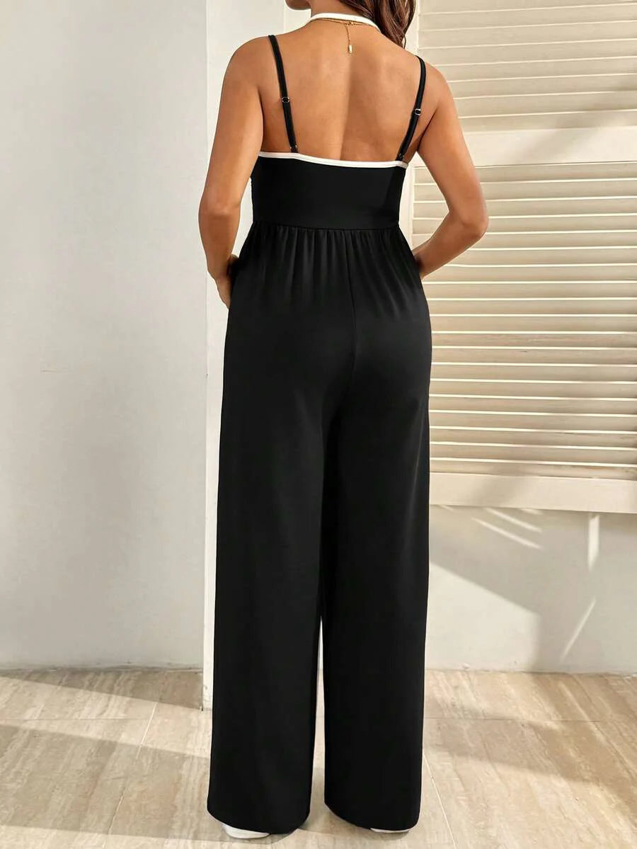Royal Blue Maternity Wide Leg Jumpsuit – Casual High Waist Spaghetti Strap Unitard with Medium Stretch for Beach & Everyday Wear