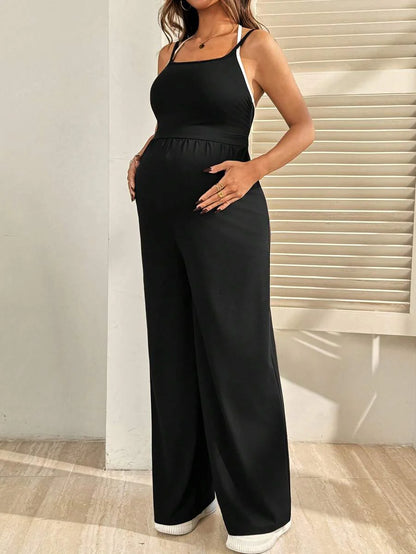 Royal Blue Maternity Wide Leg Jumpsuit – Casual High Waist Spaghetti Strap Unitard with Medium Stretch for Beach & Everyday Wear