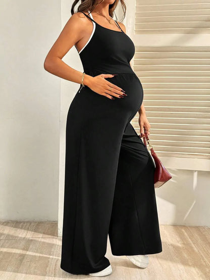 Royal Blue Maternity Wide Leg Jumpsuit – Casual High Waist Spaghetti Strap Unitard with Medium Stretch for Beach & Everyday Wear