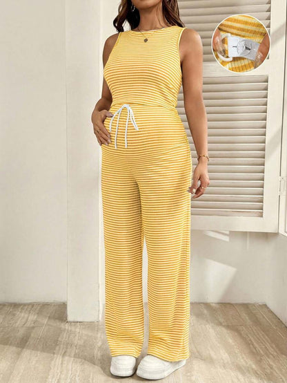 2-Piece Striped Maternity Camisole and Pants Set - Brown Slim Fit Sleeveless Top and Long Drawstring Pants Terno Outfit