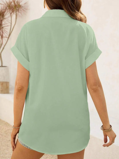 Maternity Baby Blue Button Front Short Sleeve Shirt - Loose Fit Longline Batwing Sleeve Summer Casual Woven Top