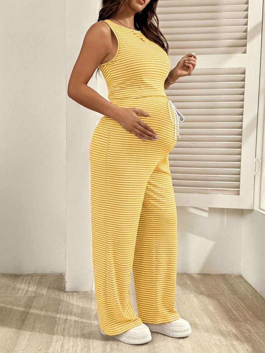 2-Piece Striped Maternity Camisole and Pants Set - Brown Slim Fit Sleeveless Top and Long Drawstring Pants Terno Outfit