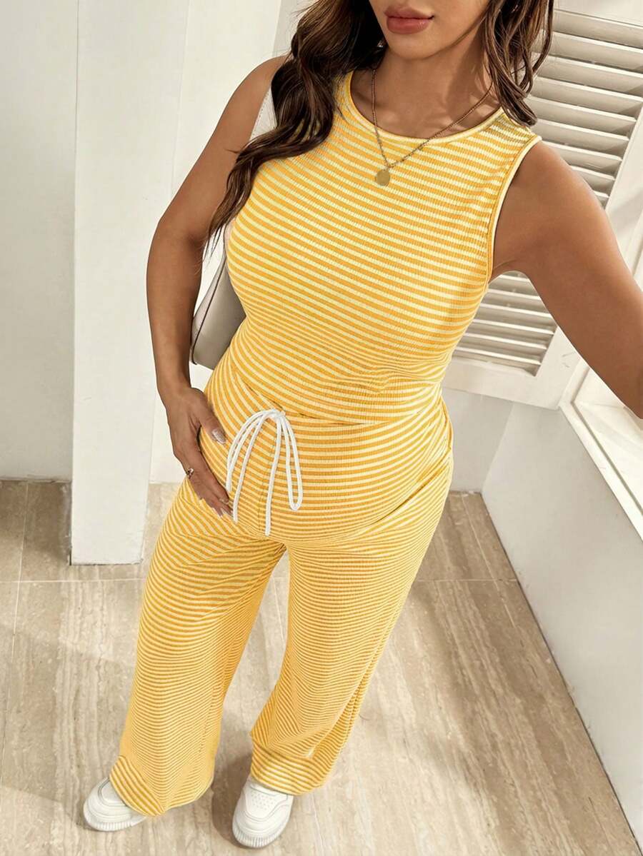 2-Piece Striped Maternity Camisole and Pants Set - Brown Slim Fit Sleeveless Top and Long Drawstring Pants Terno Outfit