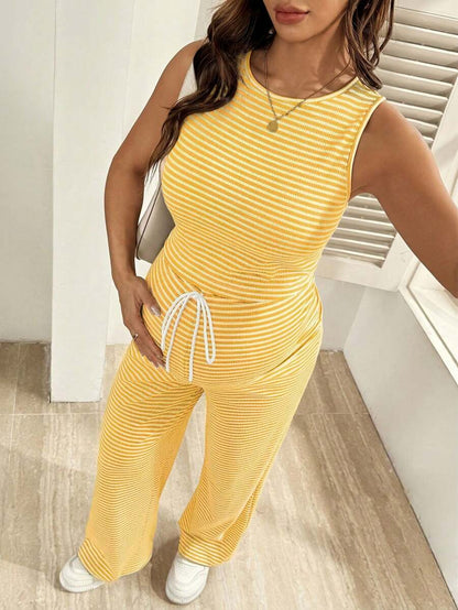 2-Piece Striped Maternity Camisole and Pants Set - Brown Slim Fit Sleeveless Top and Long Drawstring Pants Terno Outfit