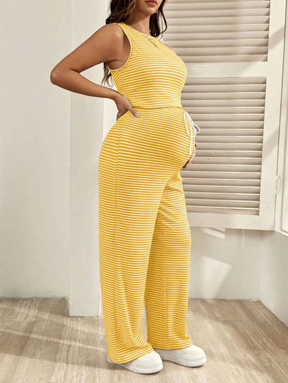 2-Piece Striped Maternity Camisole and Pants Set - Brown Slim Fit Sleeveless Top and Long Drawstring Pants Terno Outfit
