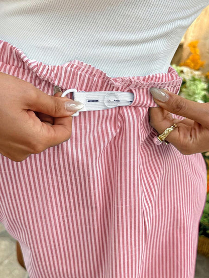 Maternity Striped Mini Shorts - Bow Front, Loose Fit, Ultra High Waist, Blue and White