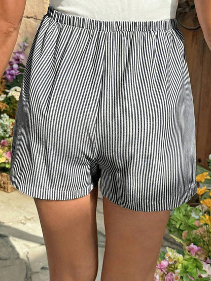 Maternity Striped Mini Shorts - Bow Front, Loose Fit, Ultra High Waist, Blue and White