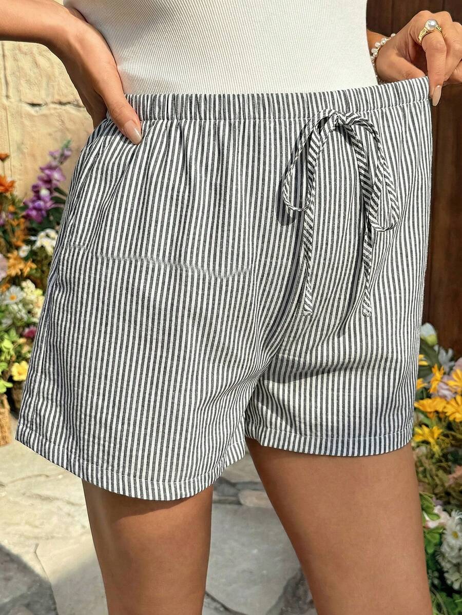 Maternity Striped Mini Shorts - Bow Front, Loose Fit, Ultra High Waist, Blue and White