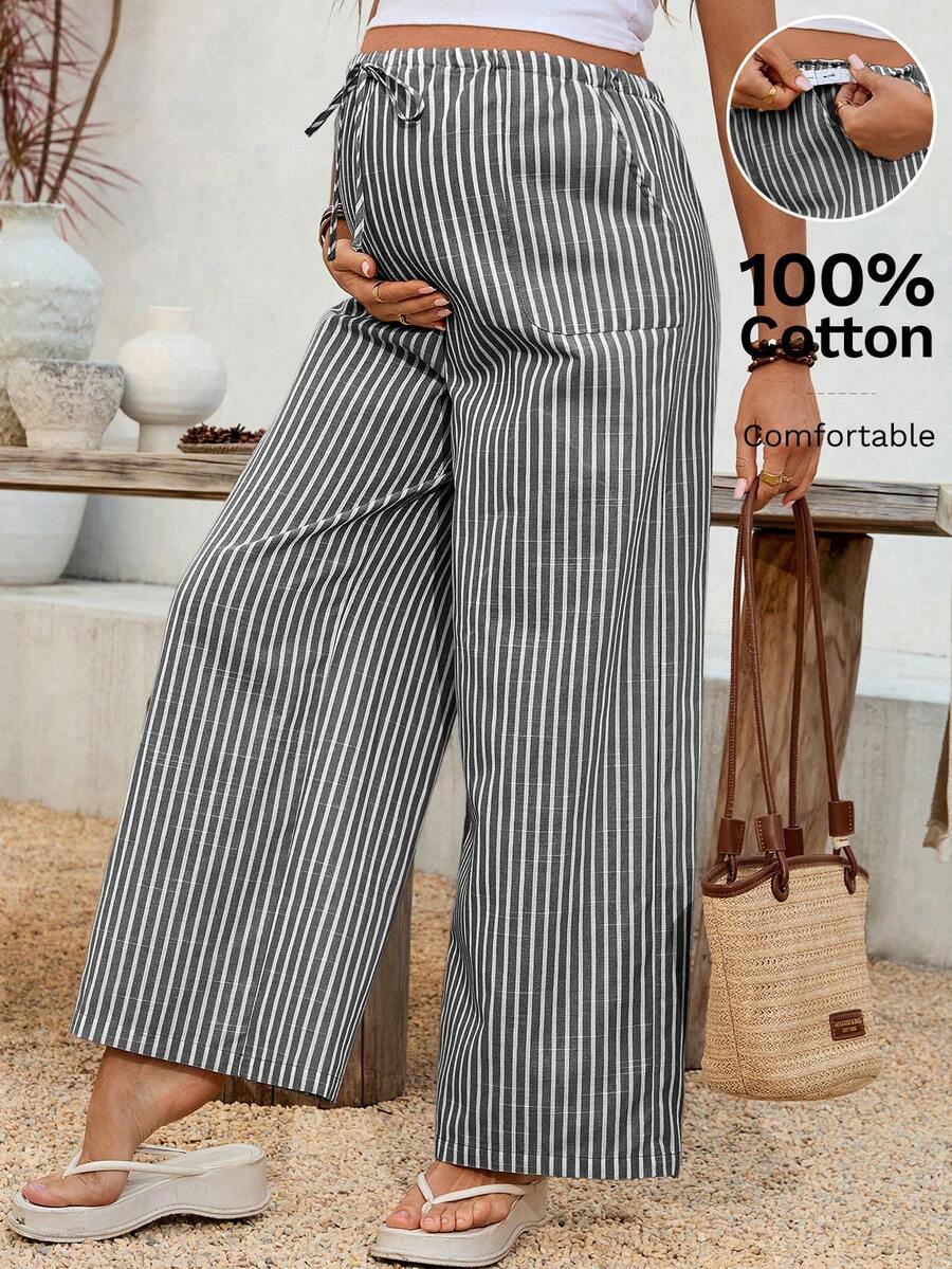 Maternity Striped Trousers - Adjustable Waist, Drawstring, Loose Straight Leg, Khaki