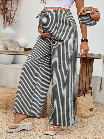 Maternity Striped Trousers - Adjustable Waist, Drawstring, Loose Straight Leg, Khaki