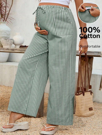 Maternity Striped Trousers - Adjustable Waist, Drawstring, Loose Straight Leg, Khaki