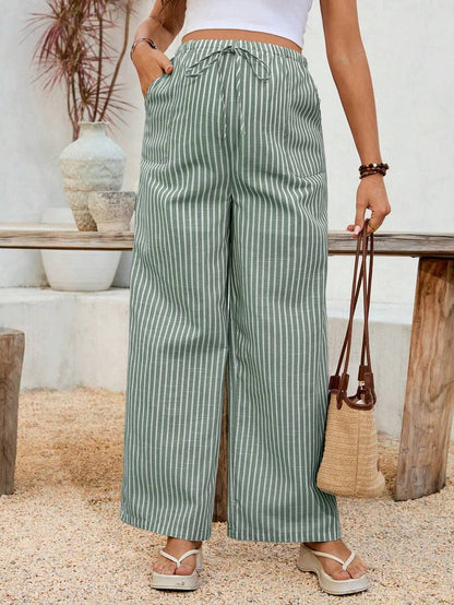 Adjustable High Waist Striped Wide Leg Maternity Pants - Black and White Loose Fit Beach Overlays & Casual Spring Maternity Trousers