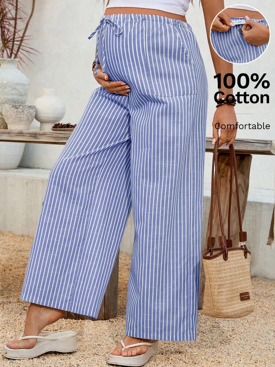 Maternity Striped Trousers - Adjustable Waist, Drawstring, Loose Straight Leg, Khaki
