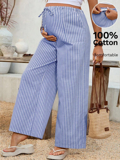 Adjustable High Waist Striped Wide Leg Maternity Pants - Black and White Loose Fit Beach Overlays & Casual Spring Maternity Trousers