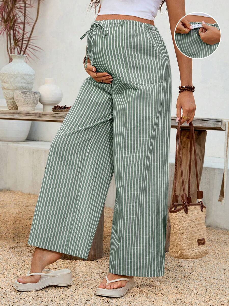 Adjustable High Waist Striped Wide Leg Maternity Pants - Black and White Loose Fit Beach Overlays & Casual Spring Maternity Trousers