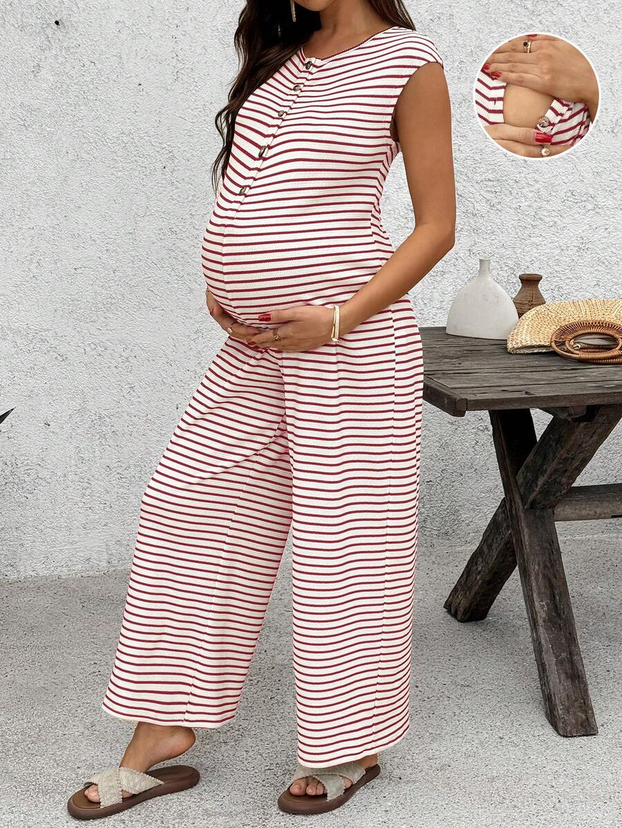 Coffee Brown Striped Maternity & Nursing Jumpsuit – Casual Round Neck Cap Sleeve Wide Leg Cropped Overalls with Button Details