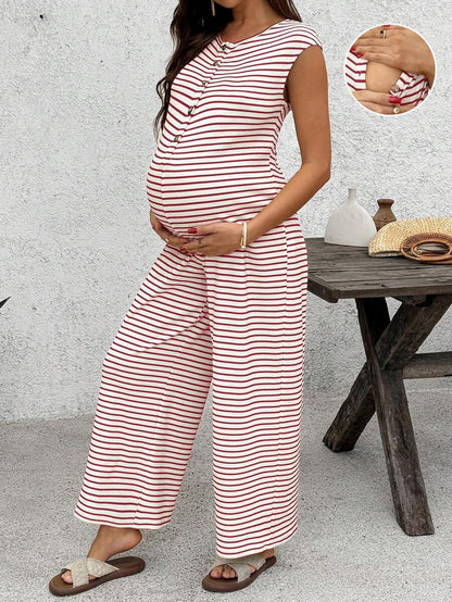Coffee Brown Striped Maternity & Nursing Jumpsuit – Casual Round Neck Cap Sleeve Wide Leg Cropped Overalls with Button Details