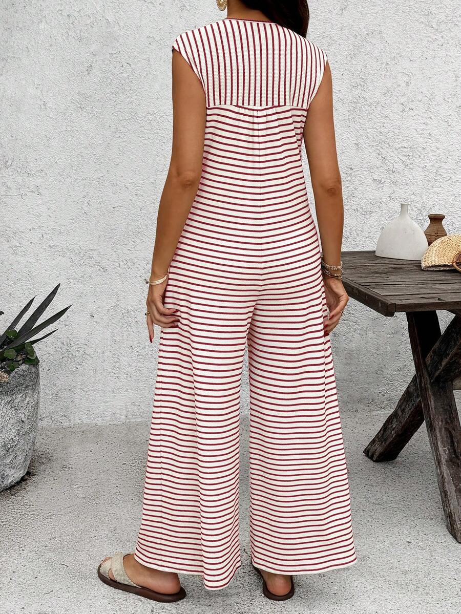 Coffee Brown Striped Maternity & Nursing Jumpsuit – Casual Round Neck Cap Sleeve Wide Leg Cropped Overalls with Button Details