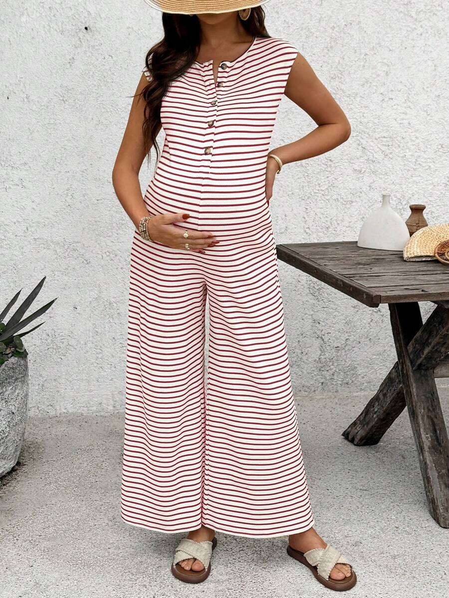 Coffee Brown Striped Maternity & Nursing Jumpsuit – Casual Round Neck Cap Sleeve Wide Leg Cropped Overalls with Button Details