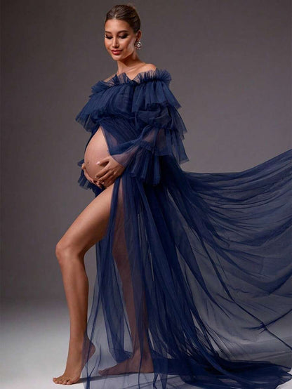 MaterniChic Pregnant Women's Elegant Mesh Sheer Off Shoulder Frill Trim Dress, Summer
