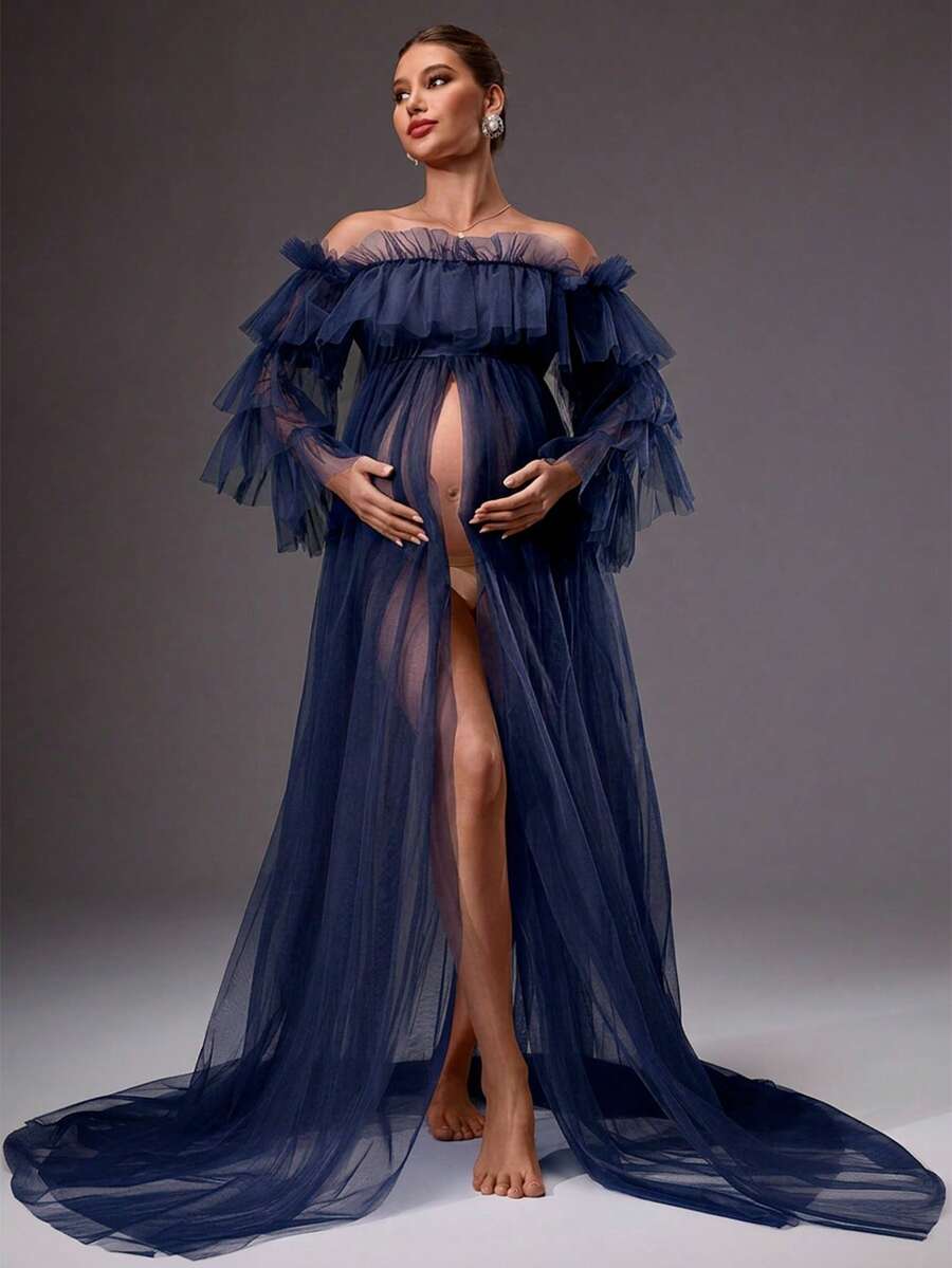 MaterniChic Pregnant Women's Elegant Mesh Sheer Off Shoulder Frill Trim Dress, Summer