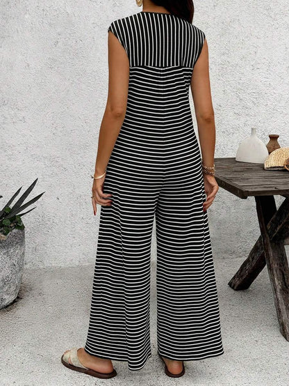 Coffee Brown Striped Maternity & Nursing Jumpsuit – Casual Round Neck Cap Sleeve Wide Leg Cropped Overalls with Button Details
