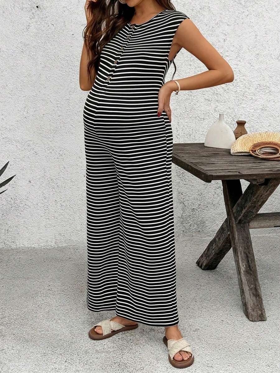 Coffee Brown Striped Maternity & Nursing Jumpsuit – Casual Round Neck Cap Sleeve Wide Leg Cropped Overalls with Button Details