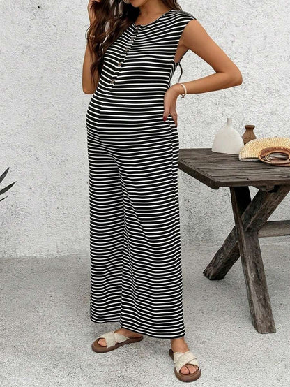 Coffee Brown Striped Maternity & Nursing Jumpsuit – Casual Round Neck Cap Sleeve Wide Leg Cropped Overalls with Button Details