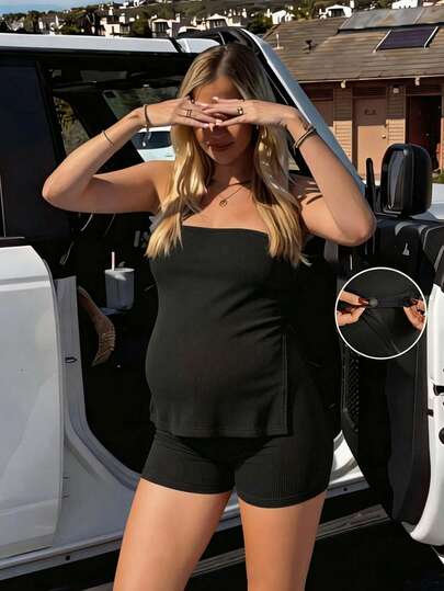 Maternity Black Ribbed Knit Tube Top and Adjustable Waist Mini Shorts Set - Slim Fit Strapless Two Piece Pregnancy Lounge Outfit