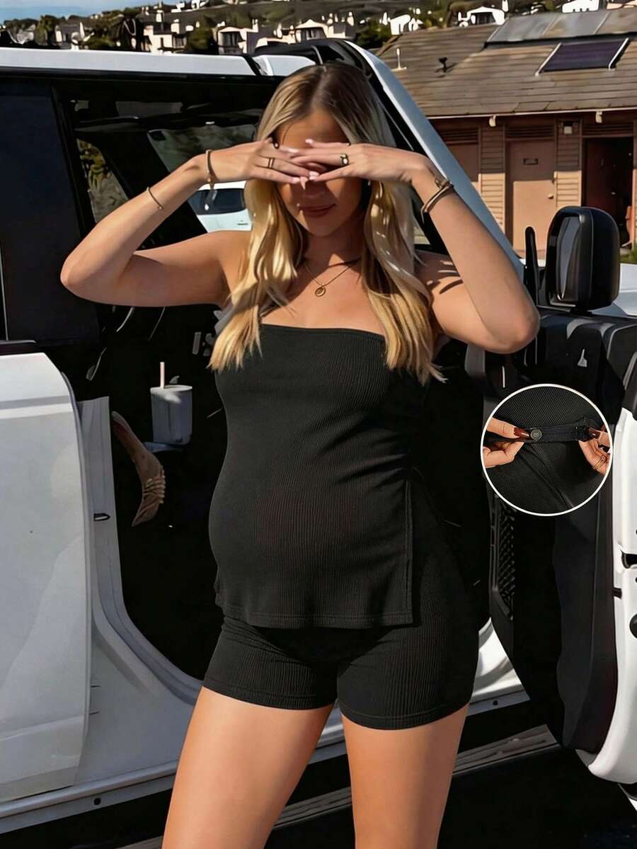 Maternity 2-Piece Bandeau Top and Adjustable Shorts Set - Side Slit, Slim Fit, Pink