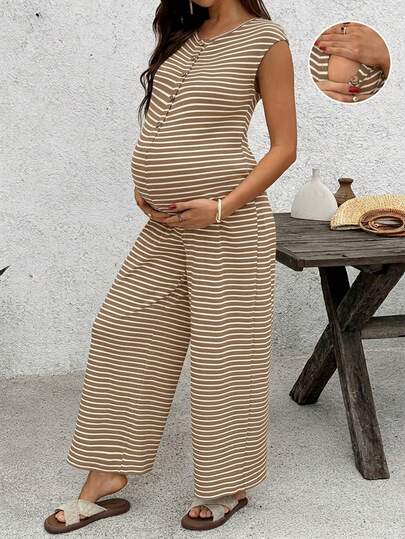 Coffee Brown Striped Maternity & Nursing Jumpsuit – Casual Round Neck Cap Sleeve Wide Leg Cropped Overalls with Button Details