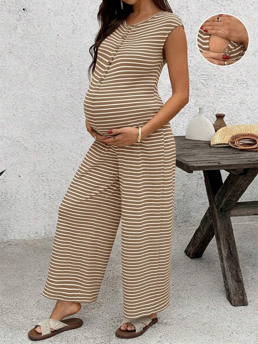 Coffee Brown Striped Maternity & Nursing Jumpsuit – Casual Round Neck Cap Sleeve Wide Leg Cropped Overalls with Button Details