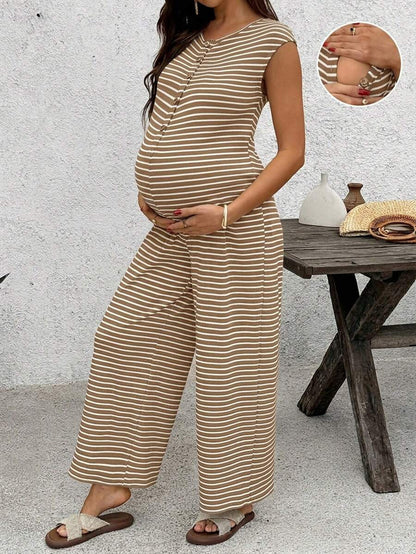 Coffee Brown Striped Maternity & Nursing Jumpsuit – Casual Round Neck Cap Sleeve Wide Leg Cropped Overalls with Button Details